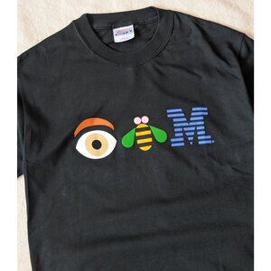 Vintage IBM Black Graphic Logo Tee Hanes Beefy Small USA Tech Nerd Cyber Core
